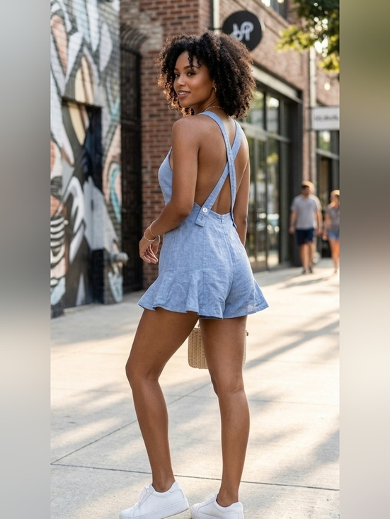 Signature8 Pants - Chambray Ruffle Hem Cross-Back Linen Romper Short Shorts Effortless Fashion